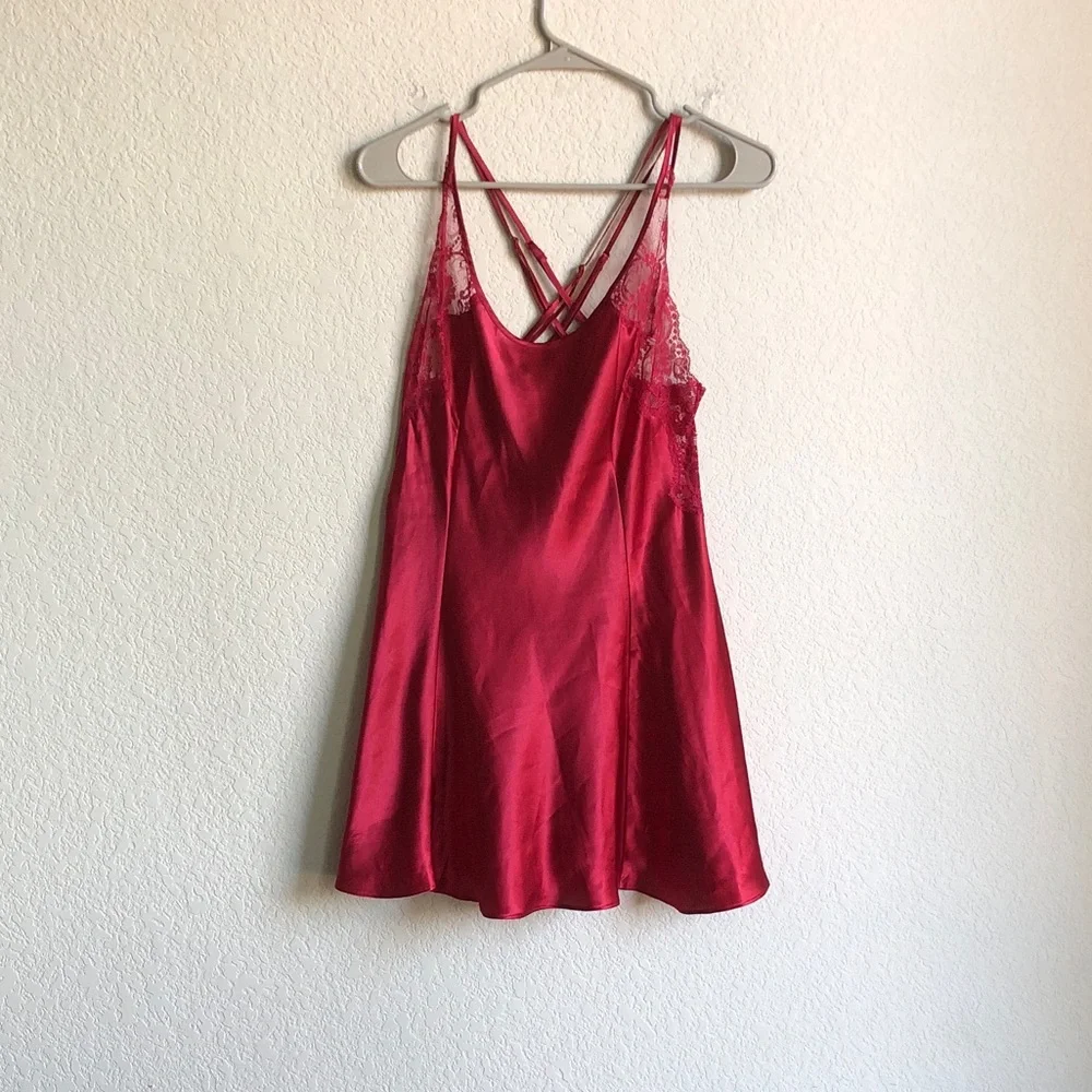 Victoria’s Secret Vintage Red Satin Slip Nightgown Lingerie Lace Small